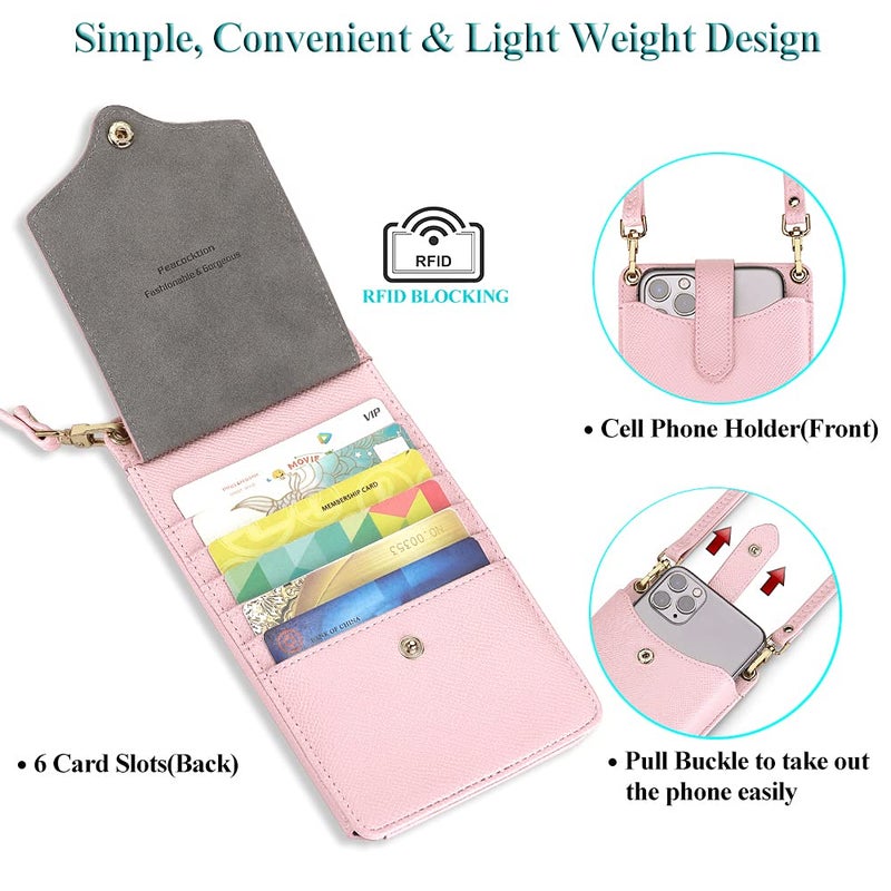 Peacocktion Pink Mini Cross Body Bag for Woman, RFID Cell Phone Leather Purse Crossbody with Card Slot, Trendy Card Holder Wallet - Image 2